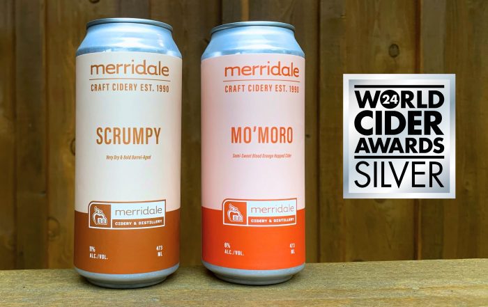 Merridale Scrumpy and Momoro ciders with World Cider Awards silver badge